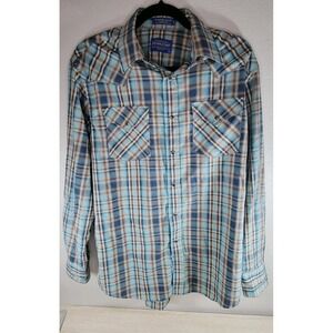 Pendleton Frontier Shirt Men Medium Blue Tan Plaid Western Pearl‎ Snap Flap Pkts